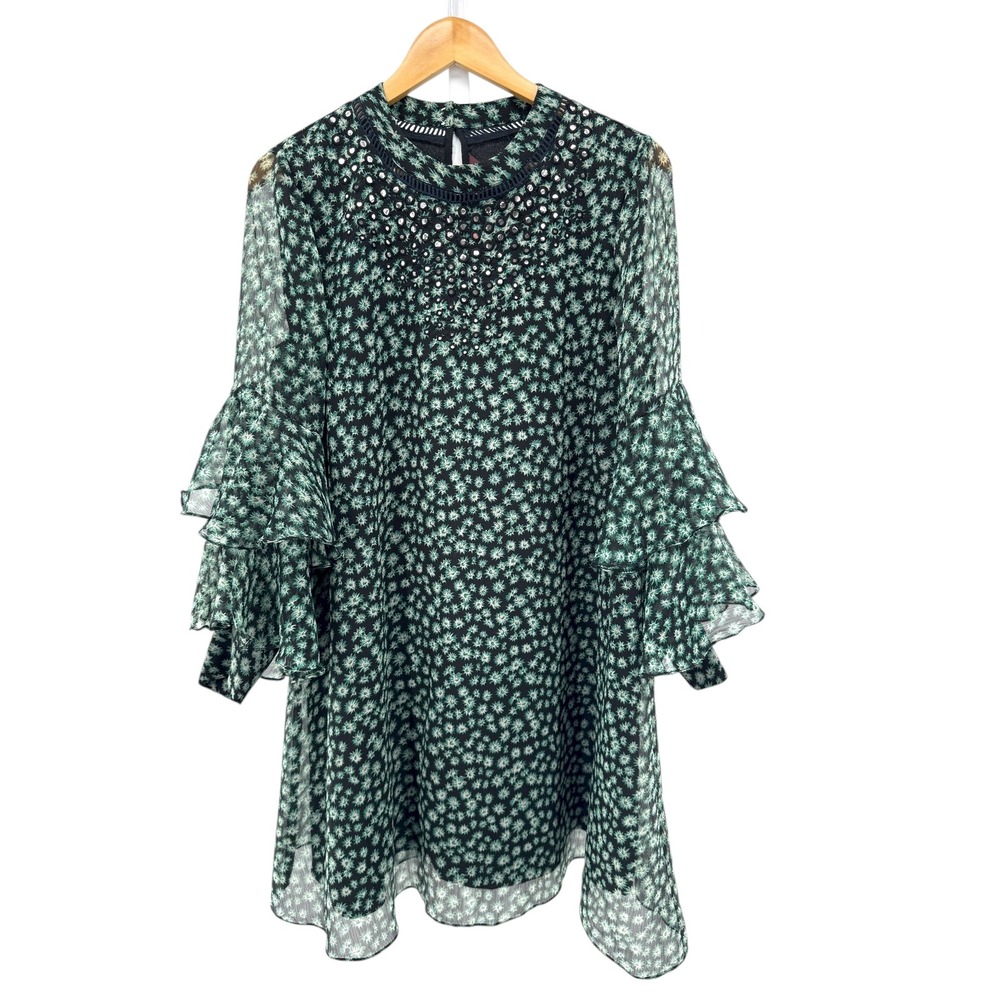 Ranna Gill Anthropologie Floral Mirror Sequin Ruffle Sleeve Mini Dress M